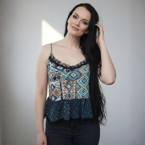 Lush Boho Patchwork Peplum Tank ✦ Scalloped Lace Trim ✦ Cottagecore Festival M